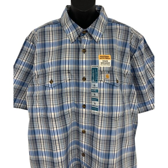 Carhartt Force Mens Short Sleeve Plaid Shirt Size XL Extra Large Blue White New - Picture 2 of 8